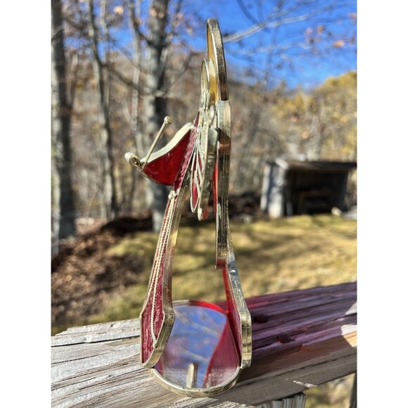 VTG Handmade Red Stained Glass & Metal Standing Angel With Harp Mirror Bottom - Picture 2 of 6